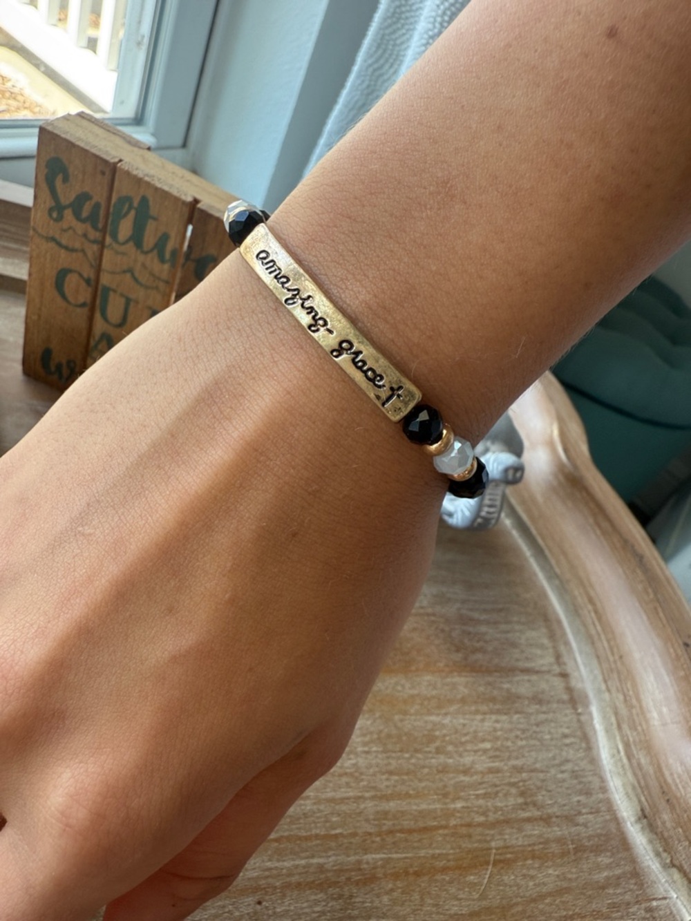 Amazing Grace Black Beaded Stretch Bracelet with Gold Accent - Picture 4 of 11